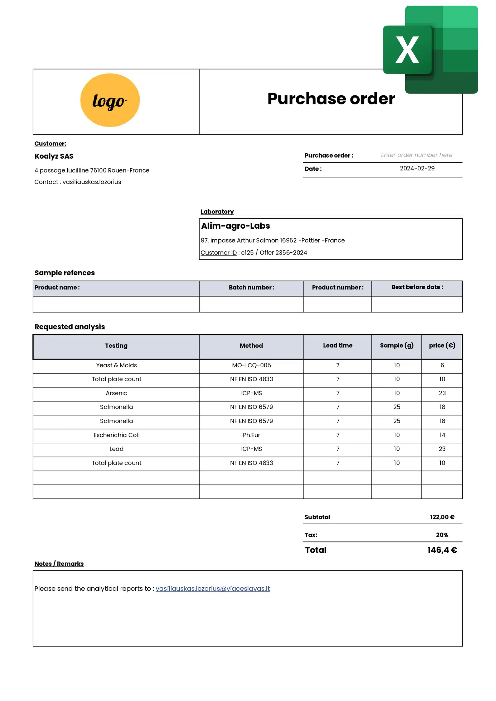 Automatic Purchase order Excel template
